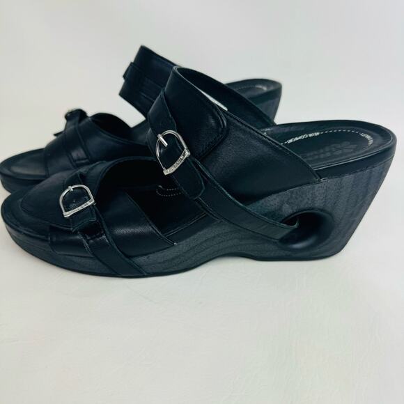 Rocky 4EurSole Sandals Black Leather Splendor Wedge Two Strap Slide Size 11.5 - Picture 2 of 13